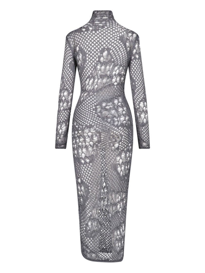 Dondup Grey Cotton Knit Turtleneck Maxi Dress