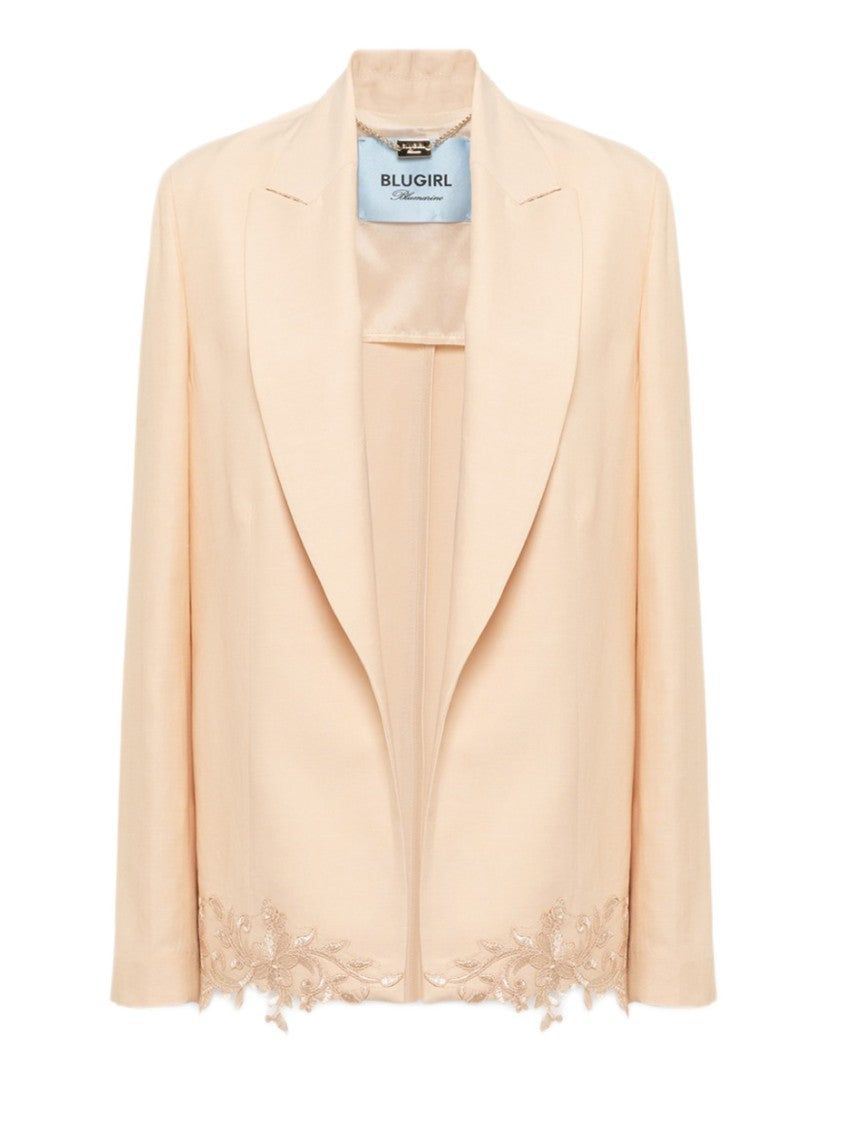Blugirl Boxy Linen-Viscose Satin Jacket With Belt And Floral Lace Detailing