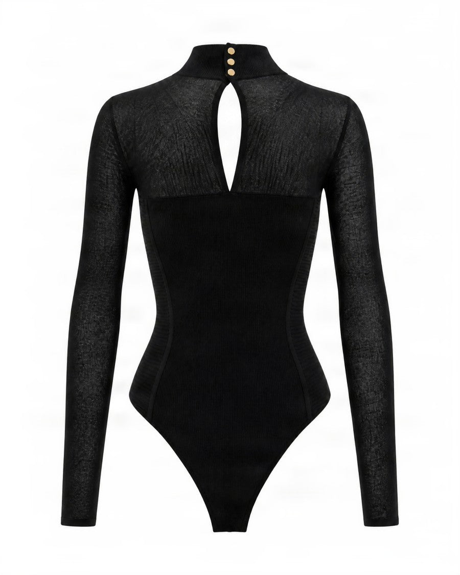Elisabetta Franchi Black Sheer Insert High-Neck Viscose-Blend Bodysuit