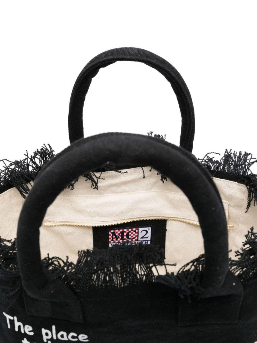 Mc2 Saint Barth Frayed Edge Black Tote Bag With Striking Text