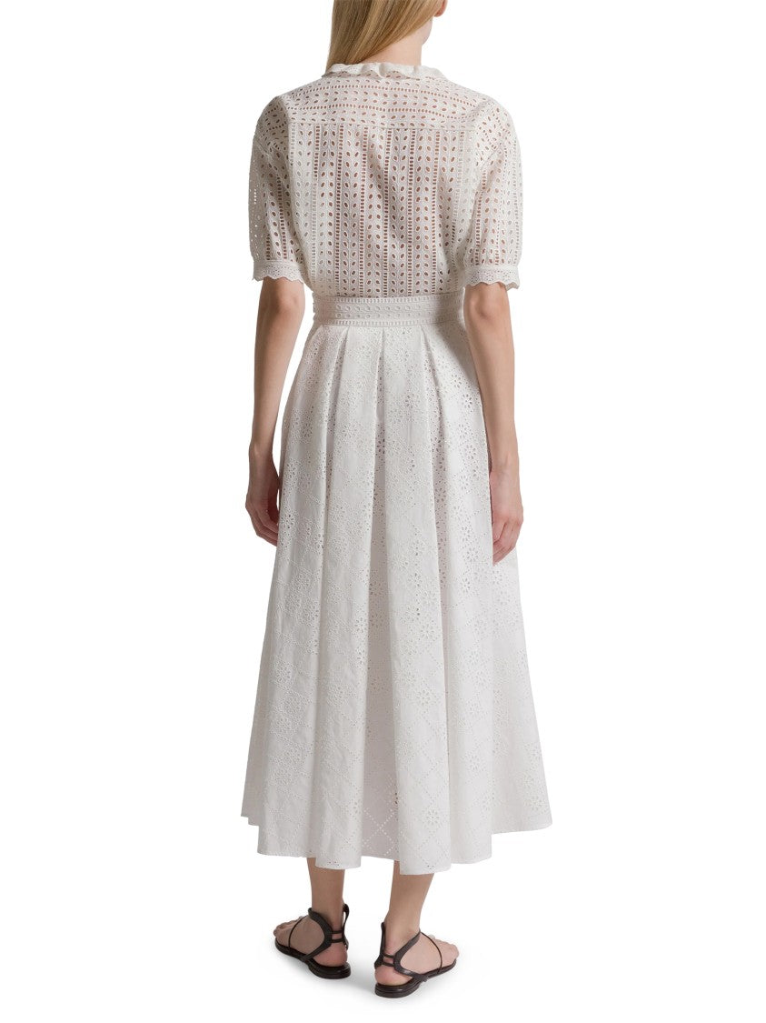Alberta Ferretti Eyelet Embroidered White Midi Skirt With High Waistband