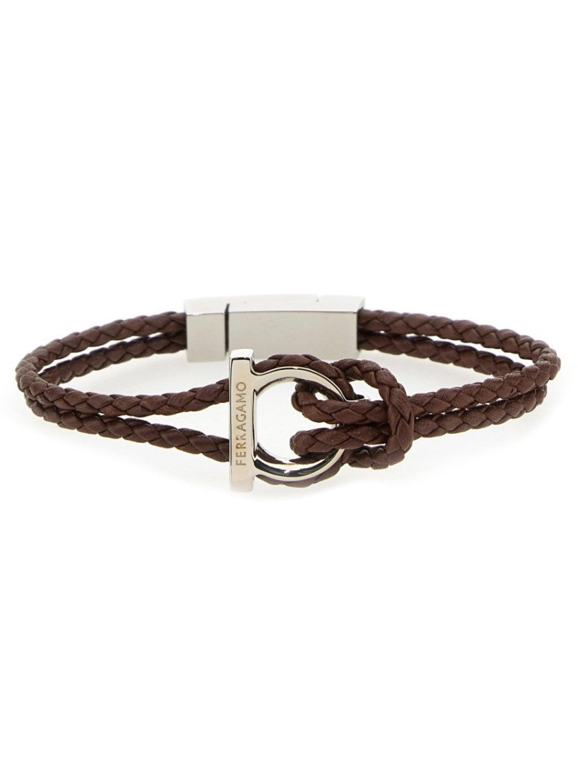 Ferragamo Double Braided Calf Leather Bracelet With Polished Metal Clasp