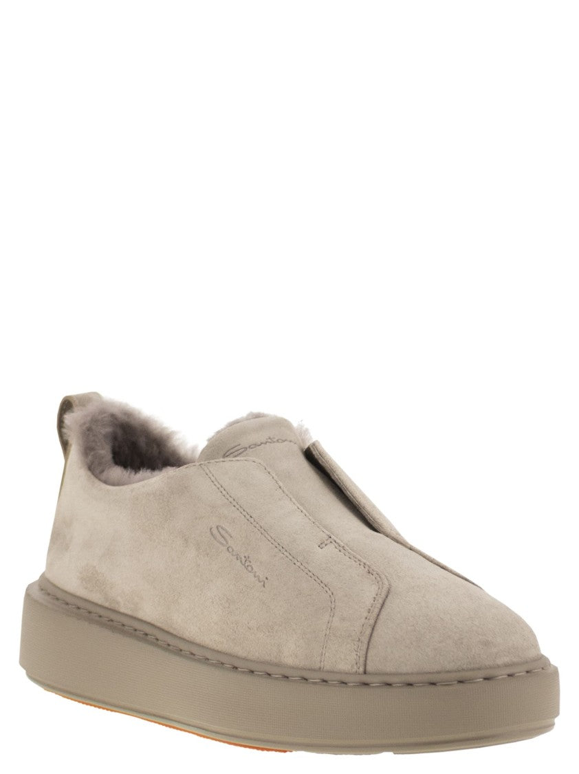 Santoni Slip-On Suede Sneakers With Fur