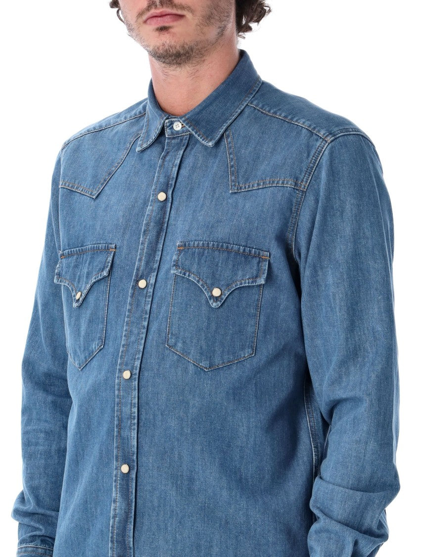 Fortela Ntex Stone Wash Cotton Denim Horn Snap Western Casual Shirt