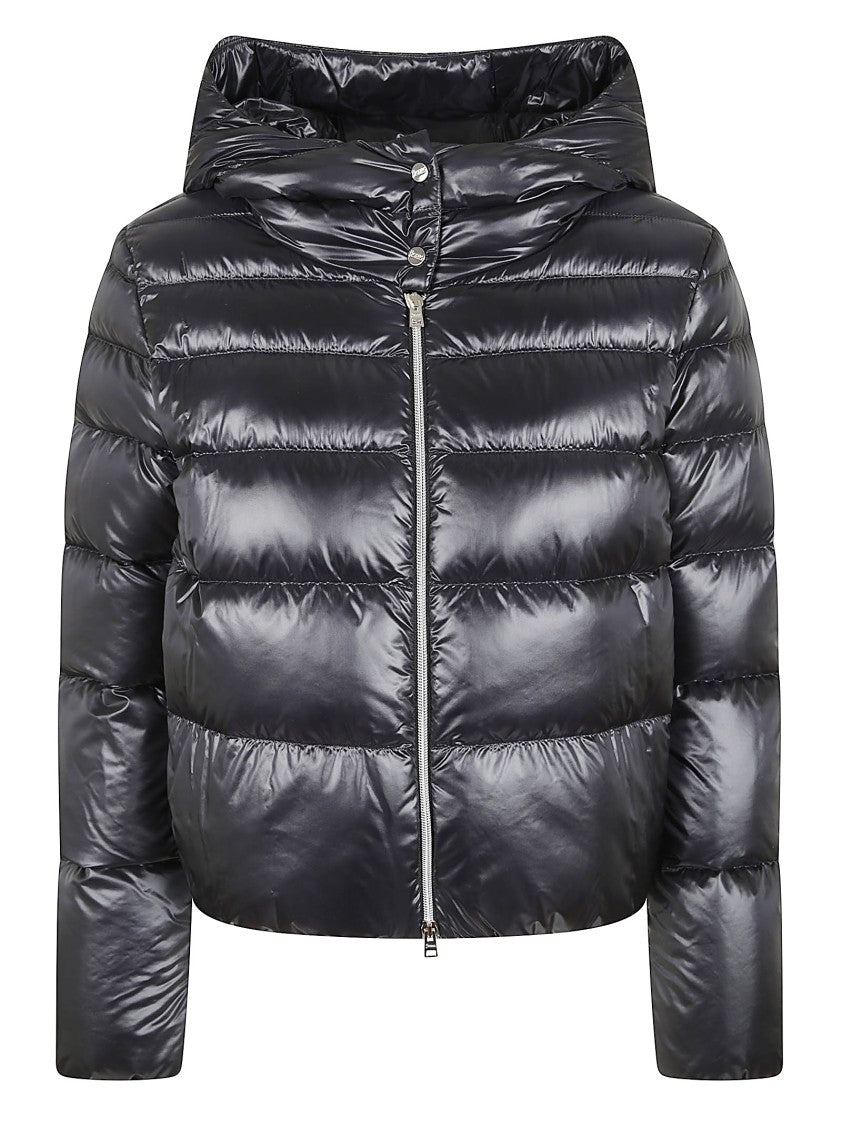 Herno Shiny Black Puffer Jacket With High Collar And Cropped Fit