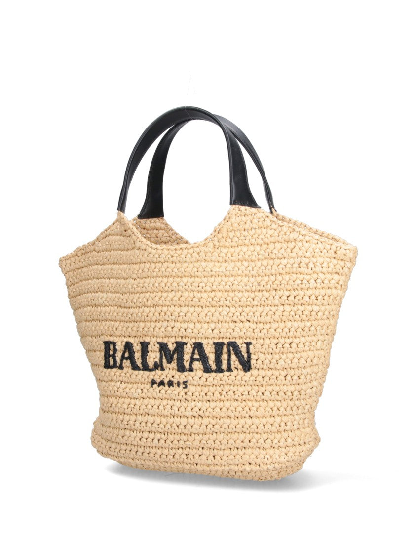 Balmain Beige Straw Rafia Logo Tote Bag