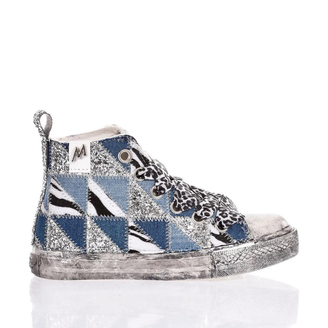 Mimanera Handmade Denim Patch High-Top Sneakers With Leopard Laces
