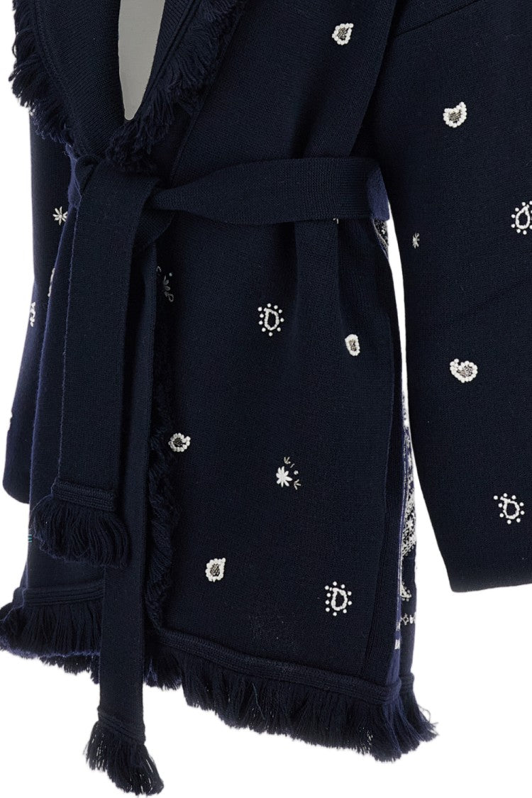 Alanui Bandana Pattern Wool Blend Cardigan With Fringed Edges