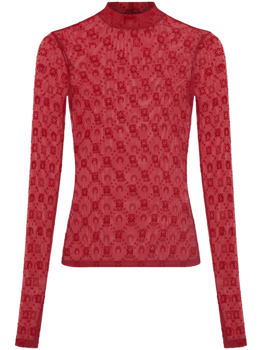 Marine Serre Fitted Sheer Mesh High-Neck Top With Moonogram Motifs