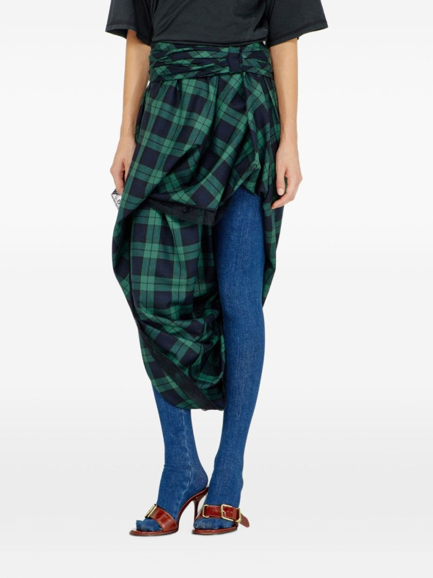 Diesel Draped Asymmetrical Skirt In Green And Black Plaid