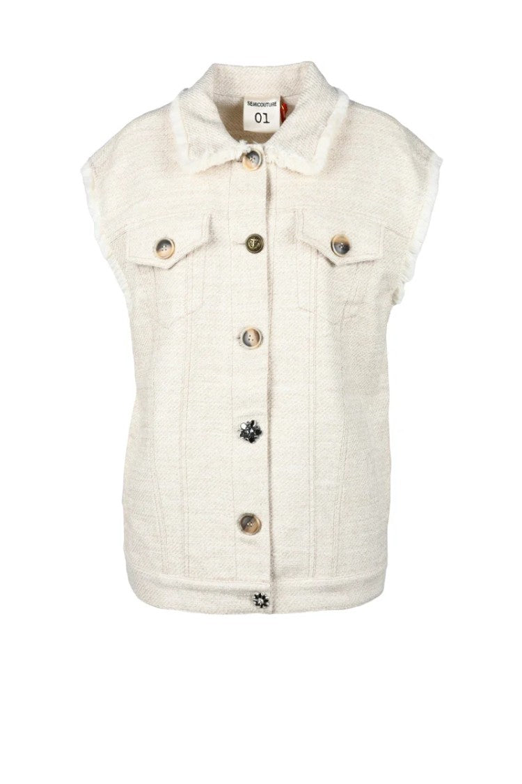 Semi Couture Textured Beige Vest With Classic Collar