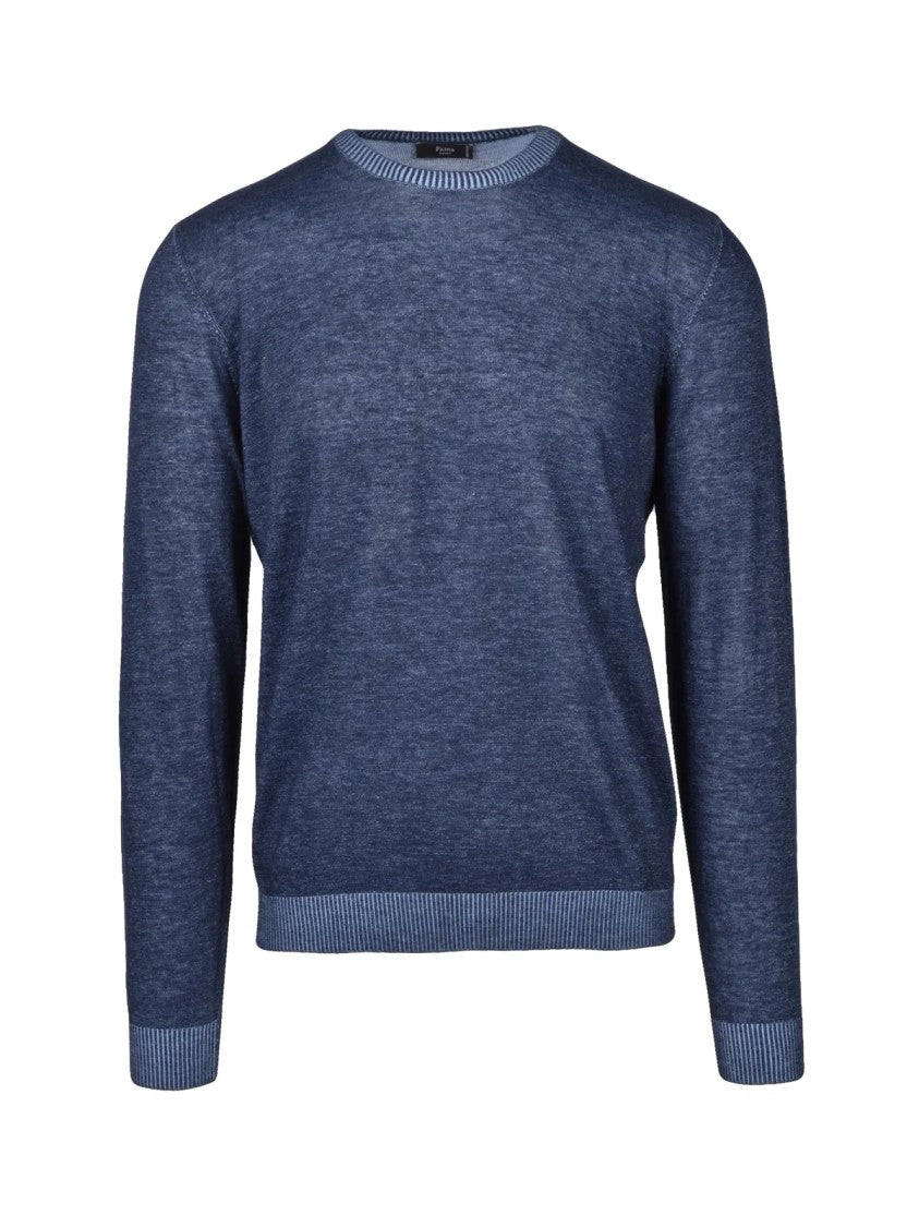 Fama Blue Textured Cotton Crewneck Sweater