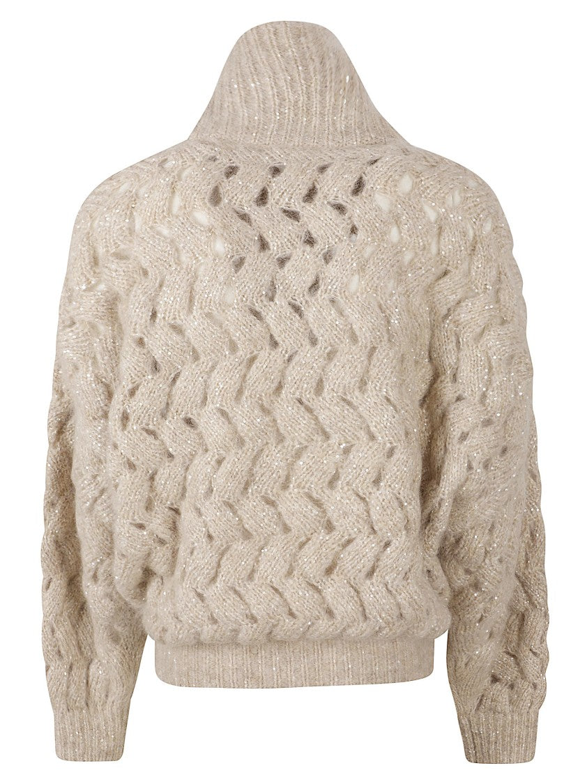 Brunello Cucinelli Chunky Cable Knit Sweater With High Ribbed Collar And Subtle Sequins