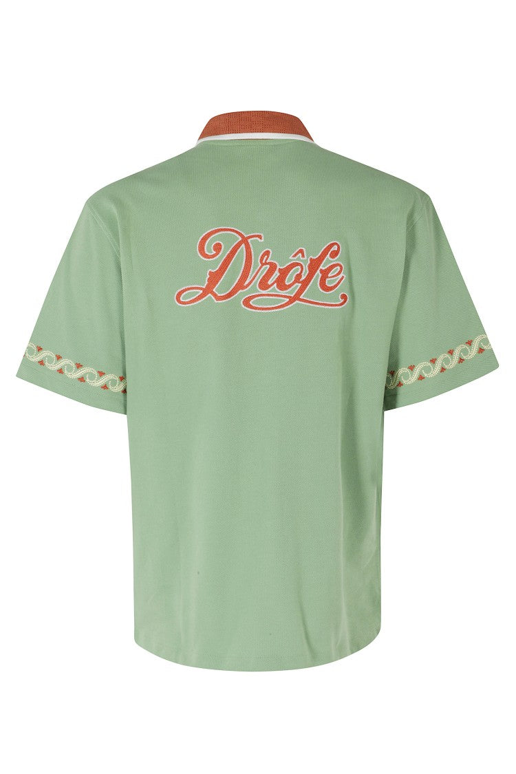 Drôle De Monsieur Green Folk Embroidered-Logo Short-Sleeve Cotton Casual Shirt