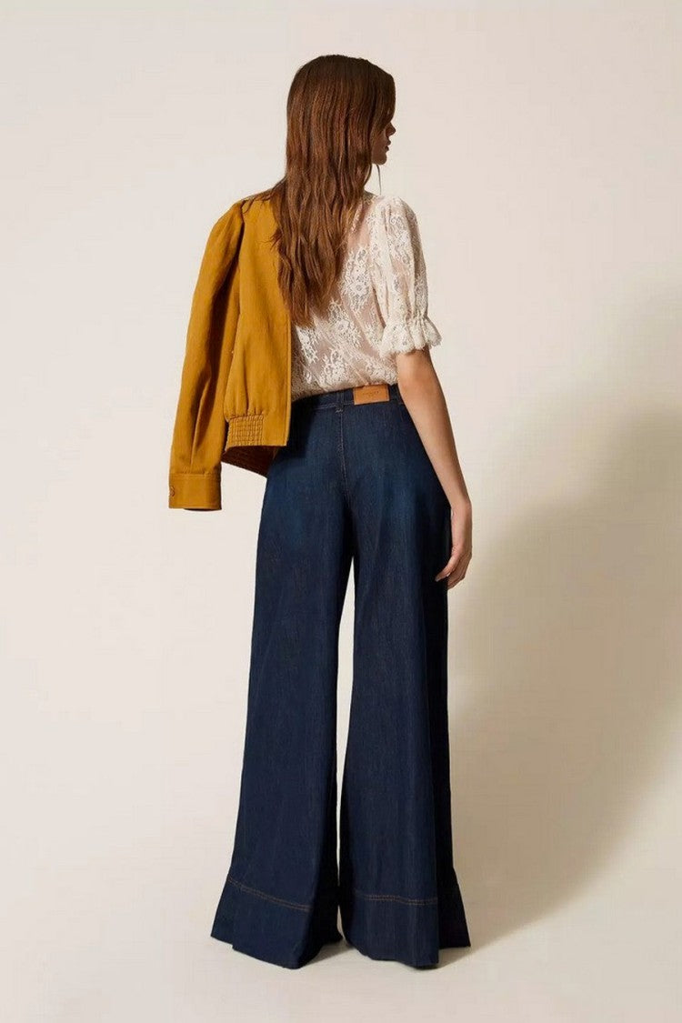 Twin-Set Blue Cotton-Elastane Wide-Leg Denim Trousers