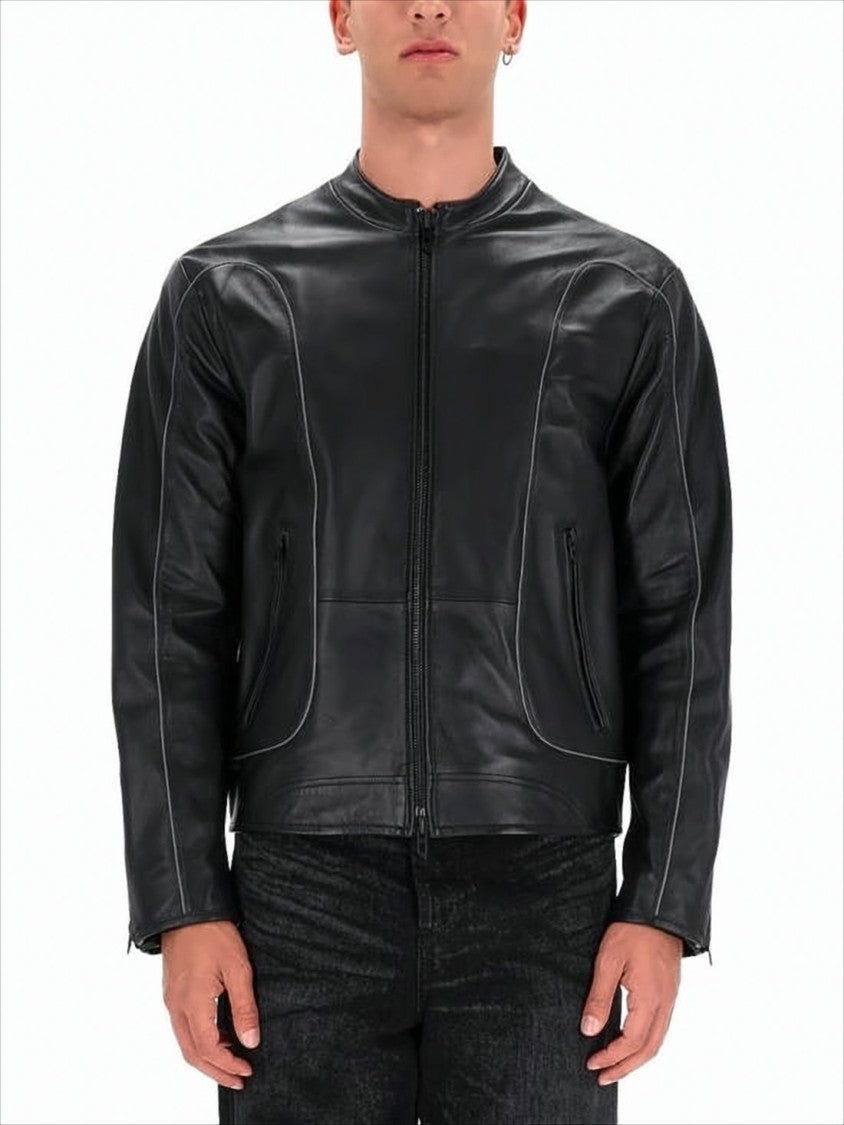 Diesel Minimalist Lambskin Leather Jacket With Zippered Cuffs