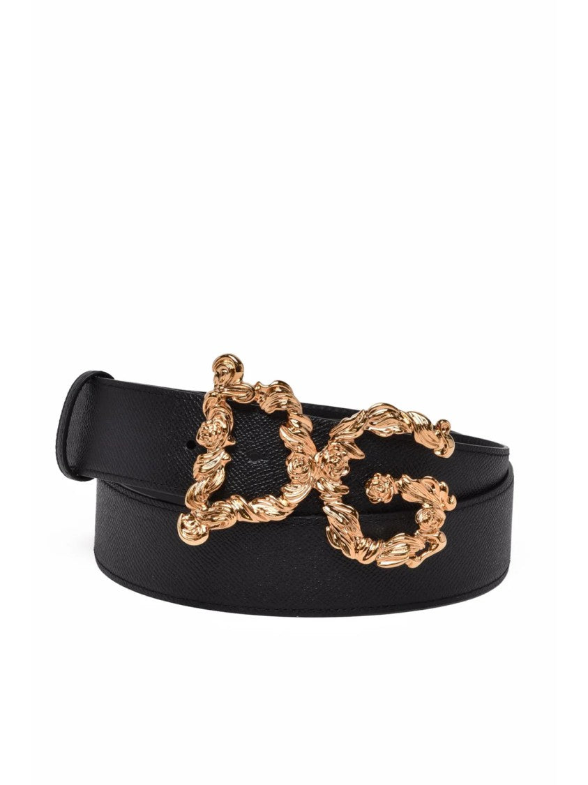 Dolce & Gabbana Black Textured Ornate Gold Buckle Leather Belt