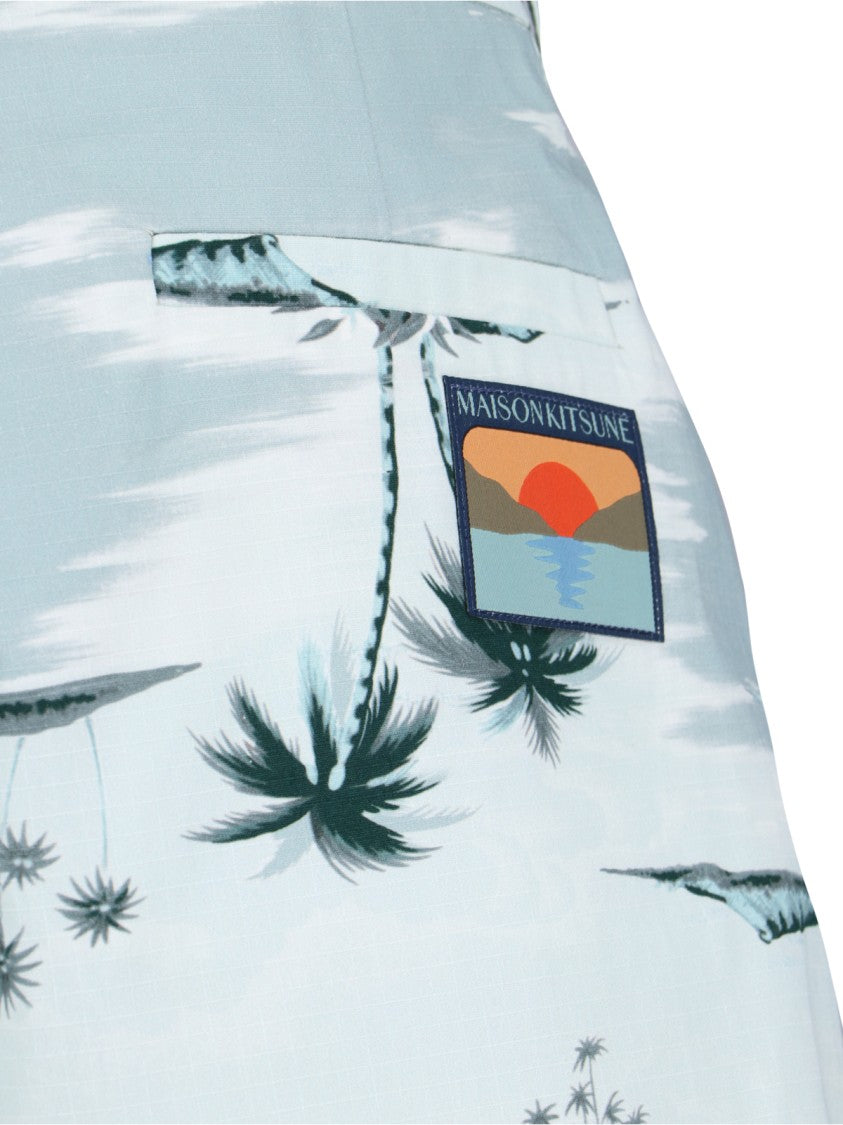 Maison Kitsuné Board Shorts In Light Blue Cotton "Hawaiian Landscape"