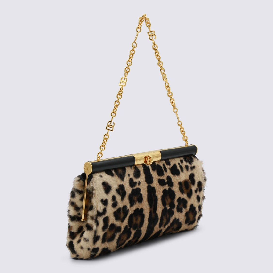 Dolce & Gabbana Plush Leopard Print Handbag With Structured Frame And Gold Accents