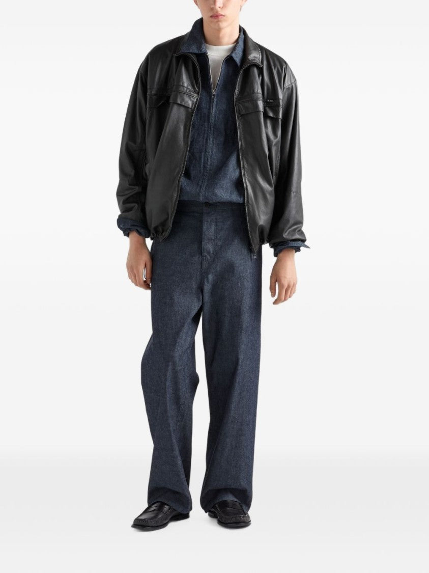 Prada Casual Classic Collar Zip-Up Logo Patch Shirt