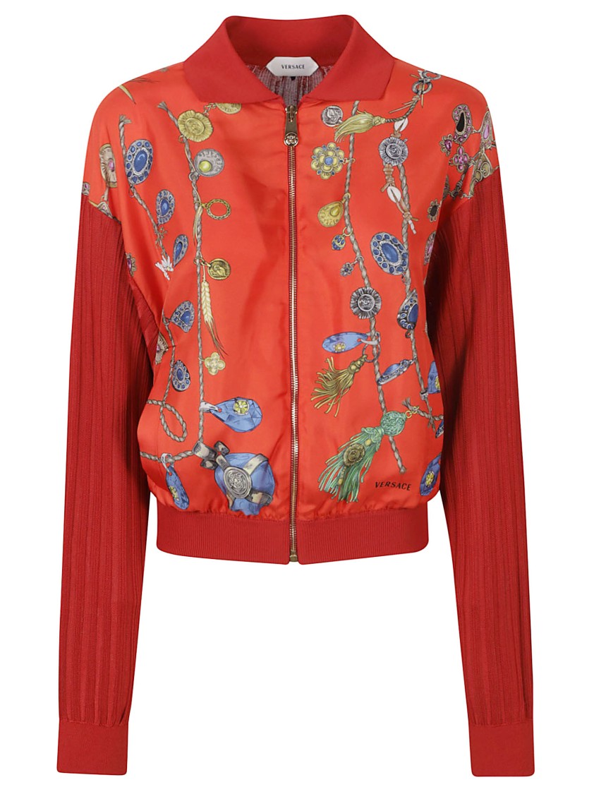 Versace Jewelry-Inspired Printed Cardigan With Zip Closure And Pleated Details