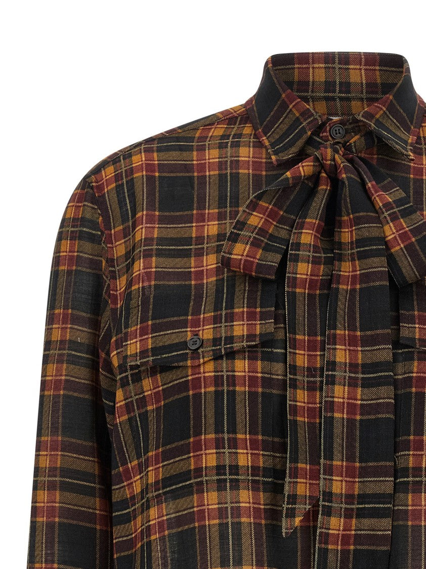 Saint Laurent Plaid Wool Lavallière Shirt With Front Button Closure