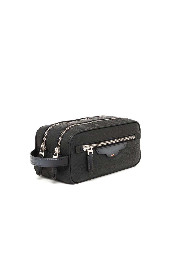 Santoni Textured Leather Belt Bag With Dual Compartments And Silver Accents