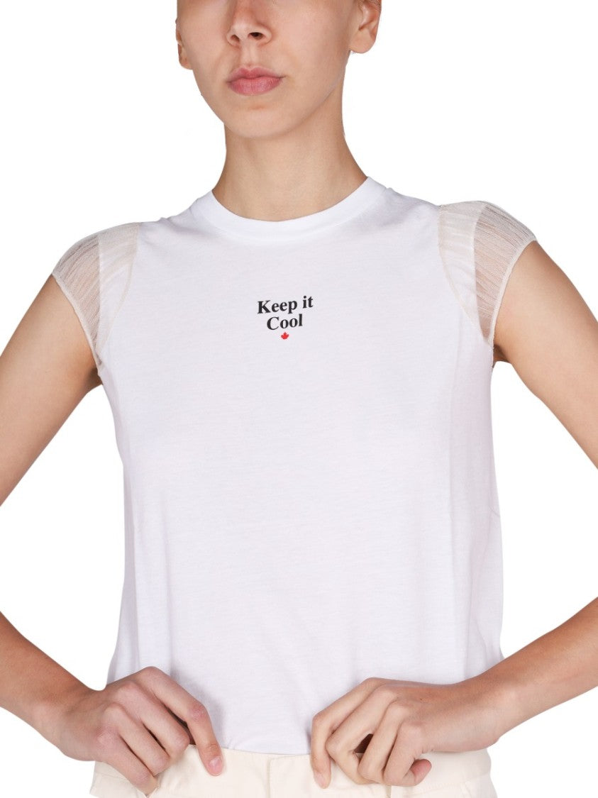 Dsquared2 White T-Shirt With Sheer Mesh Sleeves