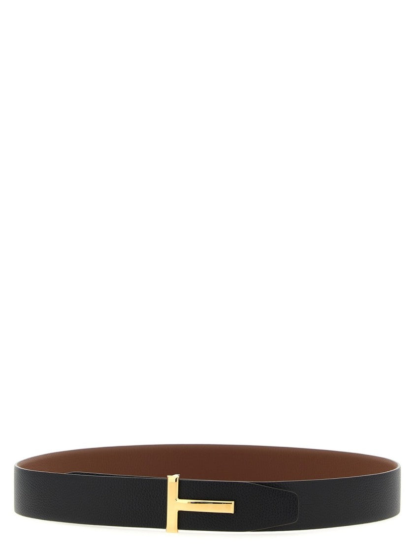 Tom Ford Textured Brown Calf Leather Belt With Metallic 'T' Buckle