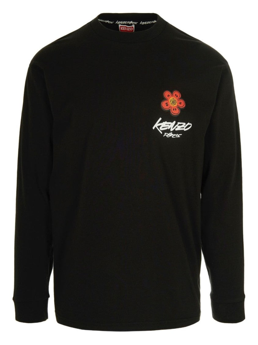 Kenzo Graphic Print Black Long-Sleeved T-Shirt With Flower Embellishment