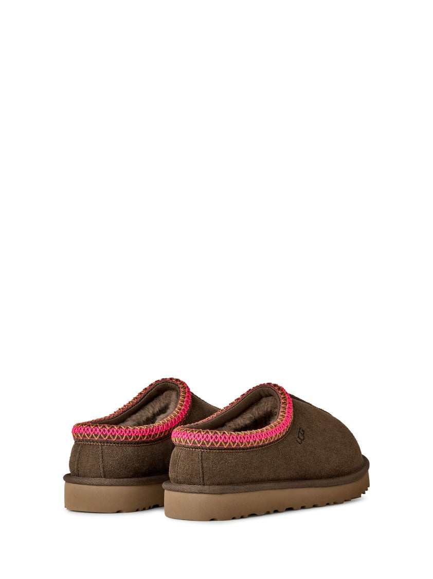 Ugg Dark Brown Slippers With Embroidered Pink Trim