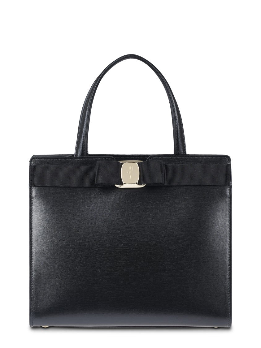 Ferragamo Structured Black Handbag With Signature Bow Detail