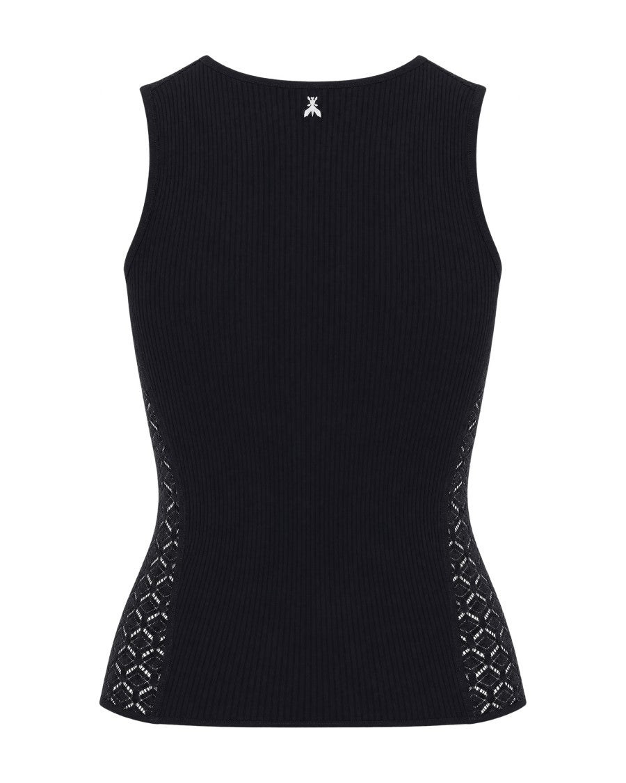 Patrizia Pepe Sleeveless Ribbed Top With Perforated Yoke And Mesh Inserts