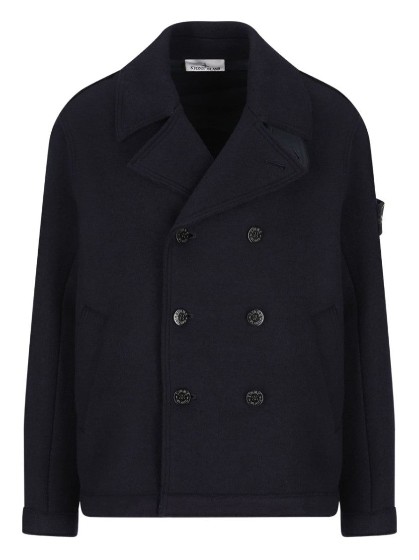 Stone Island Black Double-Breasted Virgin Wool Peacoat
