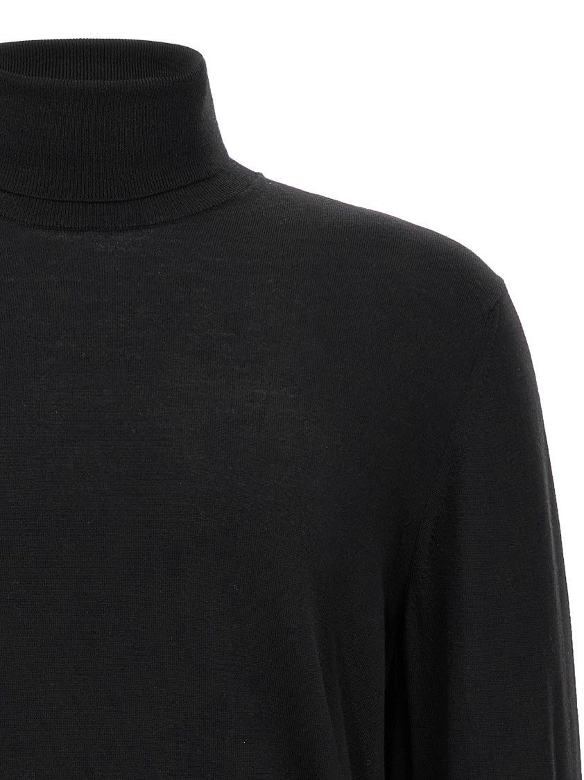 Zanone Fitted Black Wool Turtleneck Sweater With Long Cuffed Sleeves