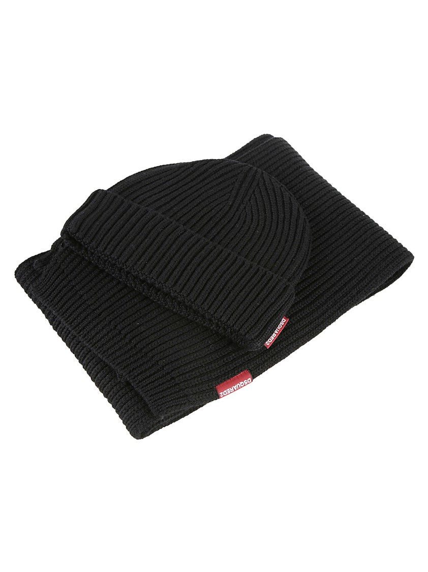 Dsquared2 Black Wool Ribbed Knit Scarf And Beanie Set