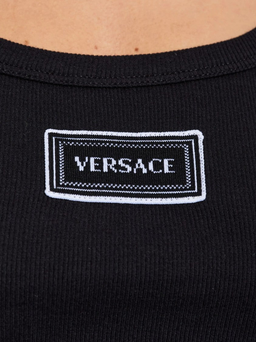 Versace Black Fitted Text Patch Cotton Top