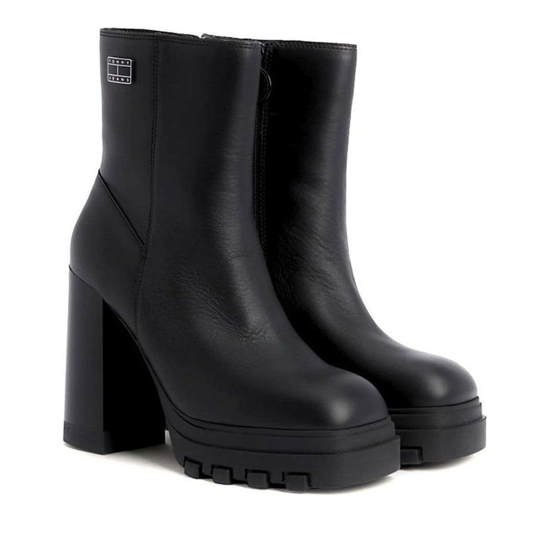 Tommy Jeans Black High Block Heel Rugged Sole Leather Boots
