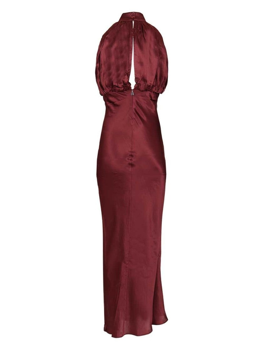 Rotate High Gathered Neckline Silk Maxi Dress