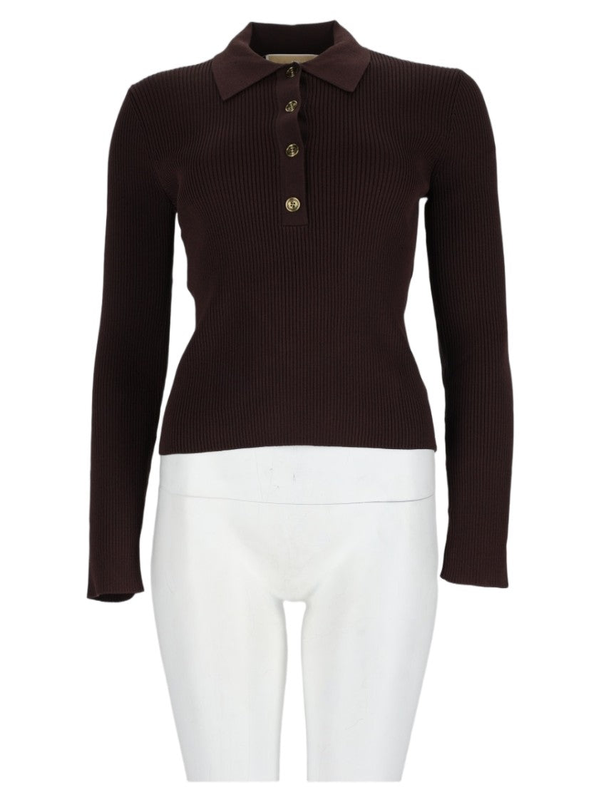 Michael Michael Kors Brown Collared Button Placket Viscose-Blend Knit Sweater