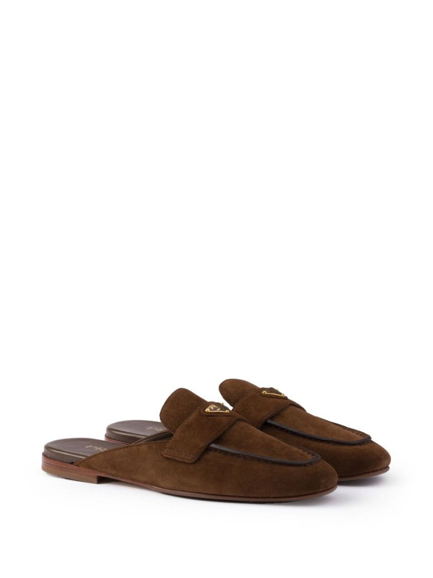 Prada Brown Triangle Logo Suede Band Slippers