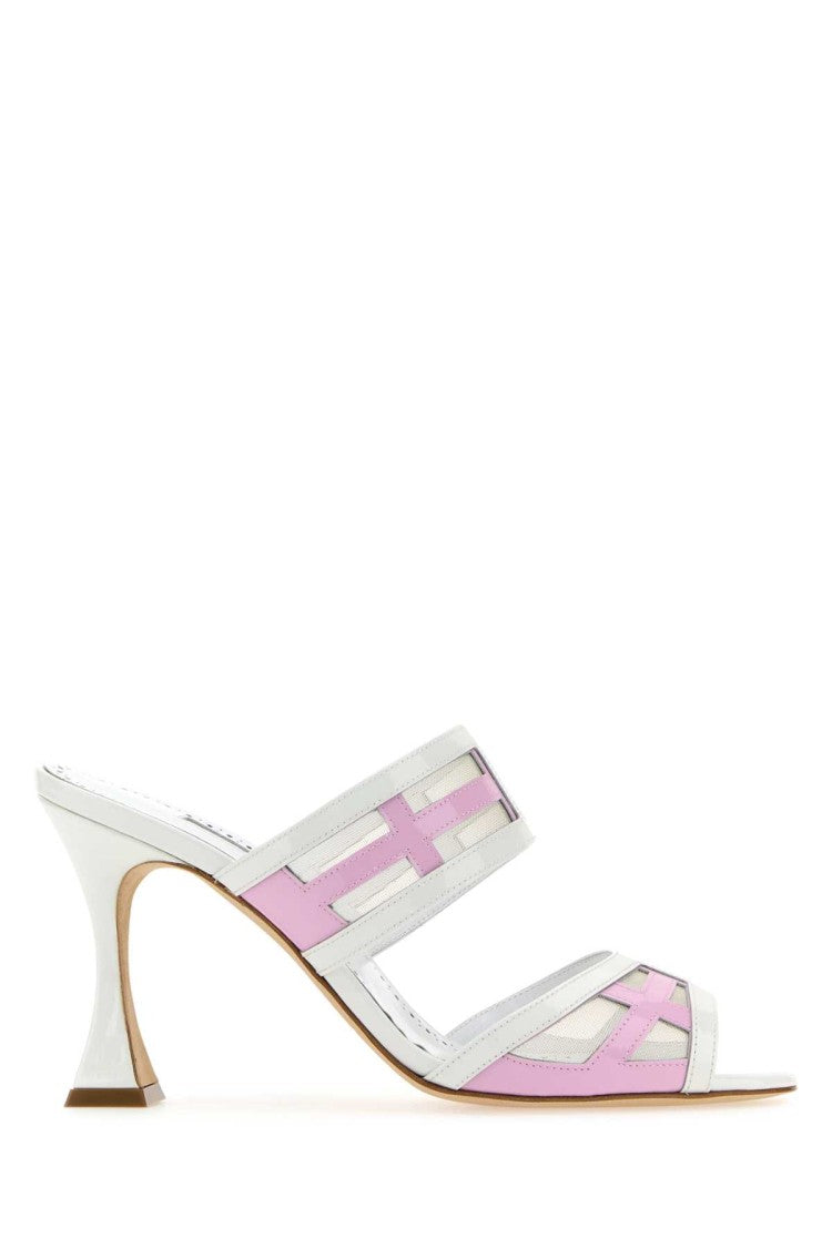 Manolo Blahnik Two-Tone Leather And Mesh Avespamu Mules