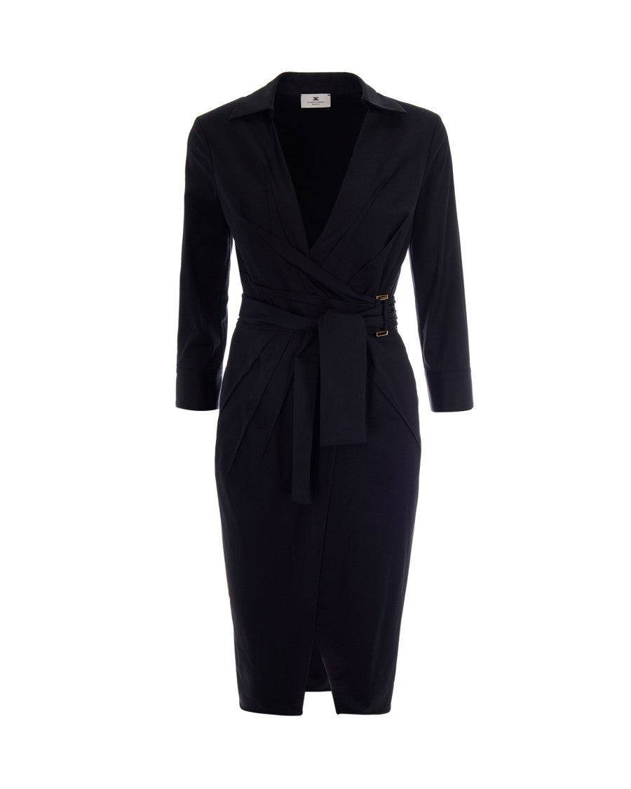 Elisabetta Franchi Wrap Design Black Cotton Dress With Origami Pleats