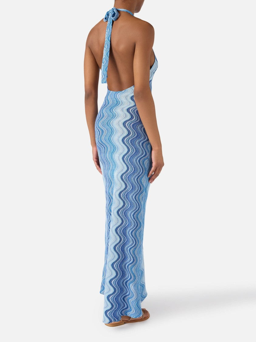 Mc2 Saint Barth Wavy Abstract Pattern Maxi Dress With Halter Neckline