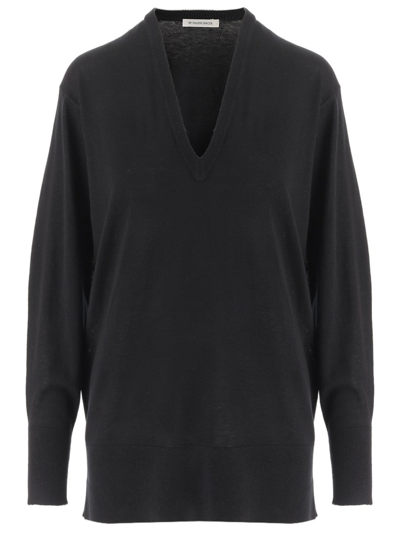 By Malene Birger V-Neck Sheer Knit Sweater With Drop Shoulders