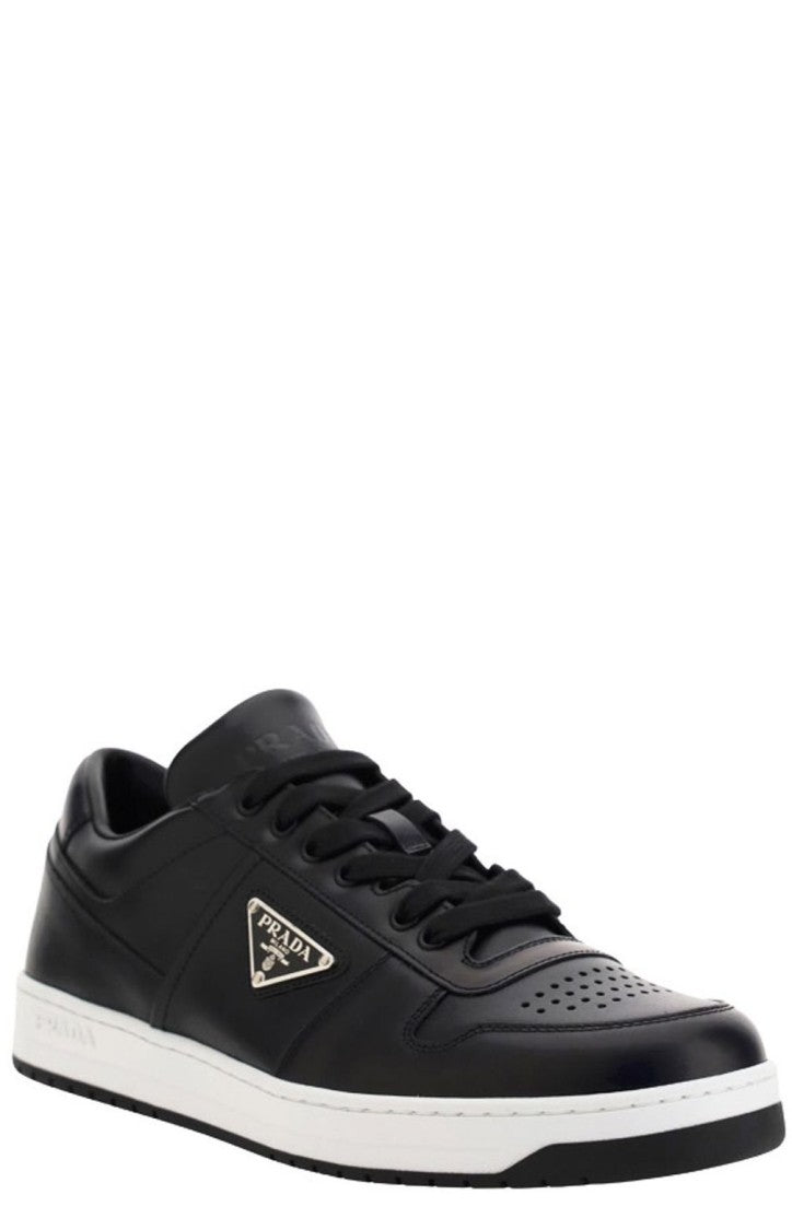 Prada Low-Top Leather Sneakers With Perforated Detailing And Triangular Logo