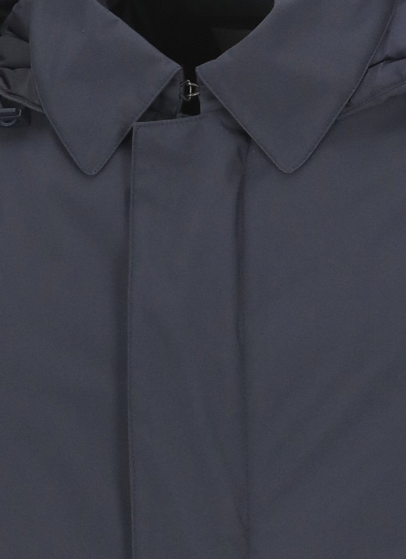 Herno Dark Blue Long Down Jacket With Removable Hood