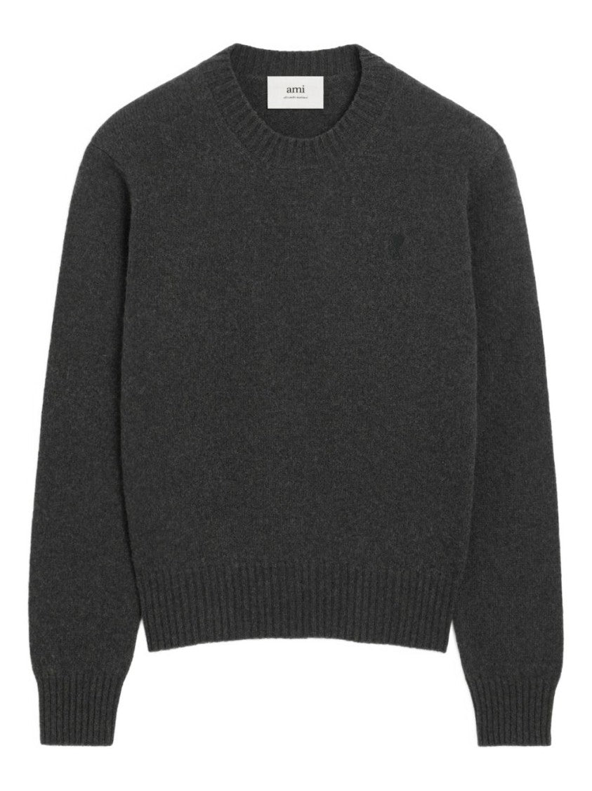 Ami Paris Charcoal Grey Crew Neck Sweater With Logo Embroidery