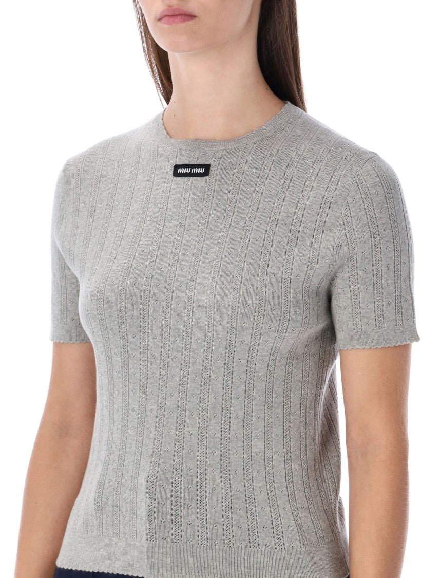 Miu Miu Short-Sleeve Ribbed Cotton Top With Logo Patch