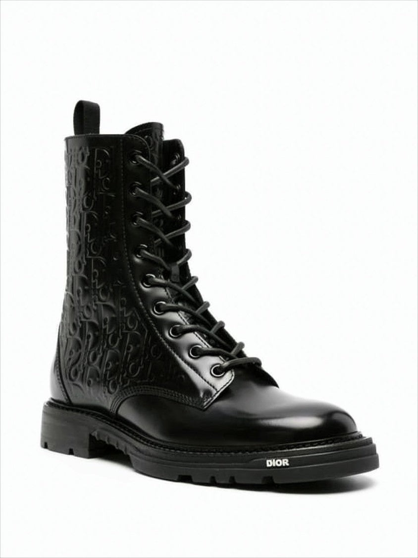 Christian Dior Black Leather Lace-Up Boots With Embossed Detailing